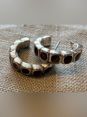 Silver Hoop Earrings with Brown Inlay - Unbranded